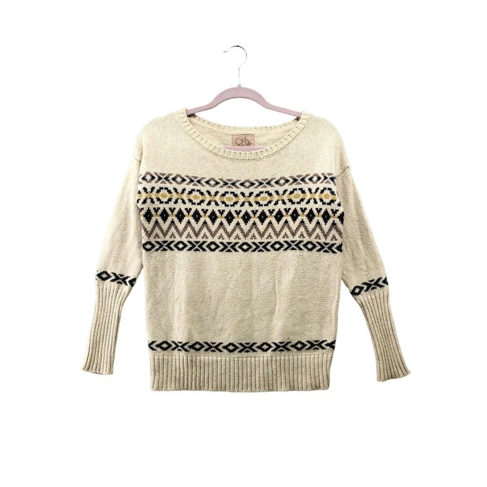 Chaser Fair Isle Sweater Womens XS Beige Cream Cotton Blend Crewneck Knit